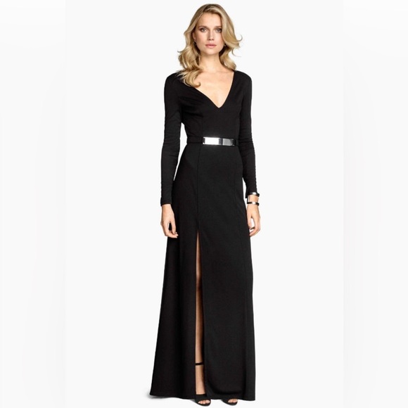 H&M Dresses & Skirts - H&M Black Maxi Long Sleeve Slit Belted Gown V- Neck Formal Party Dress size 4